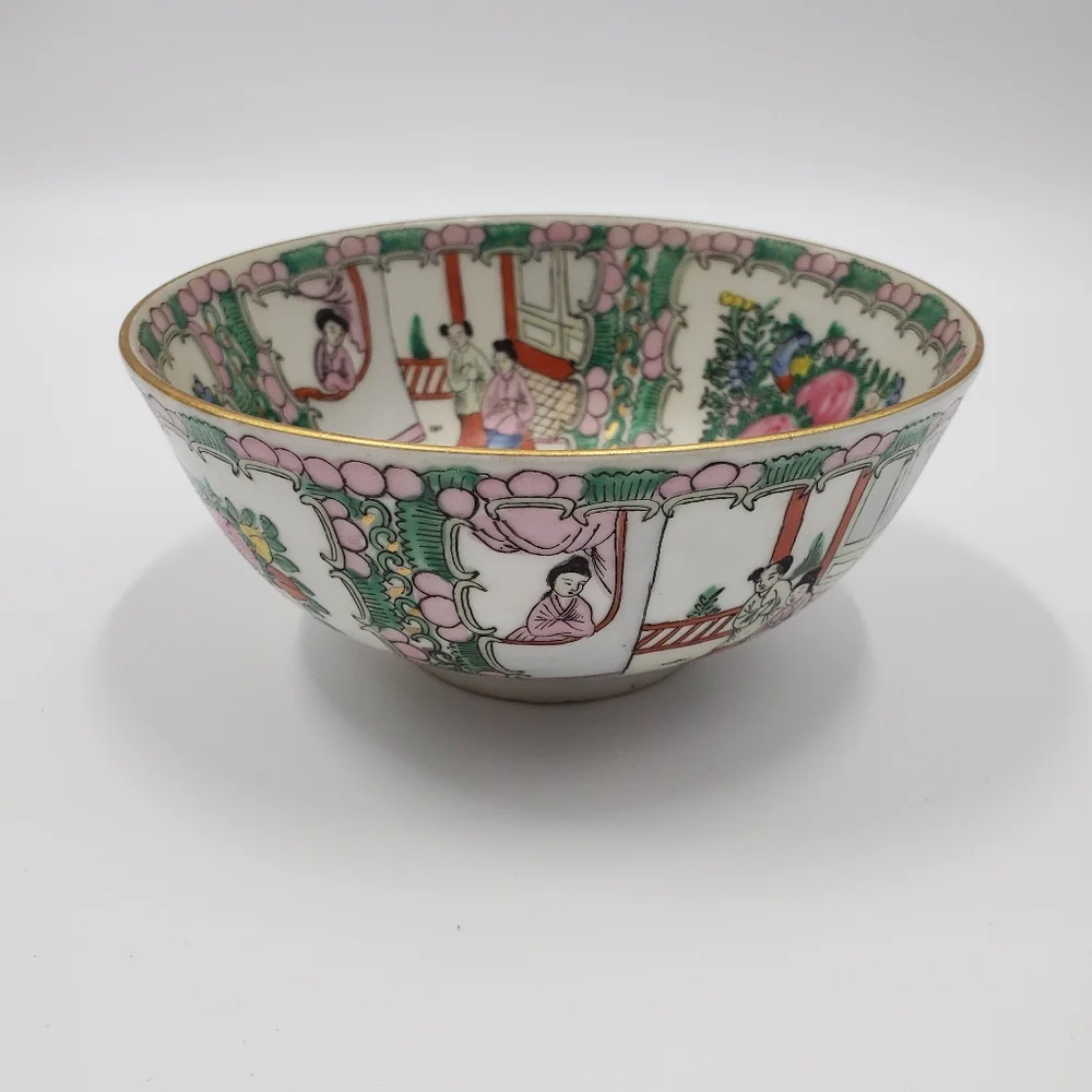 Vintage Asian Japanese Painted Porcelain Bowl Gold Trim Decor Display - Picture 1 of 5